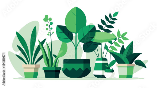 Vector art of a lush collection of potted plants, isolated on transparent background, showcasing various shades of green foliage in a vibrant display