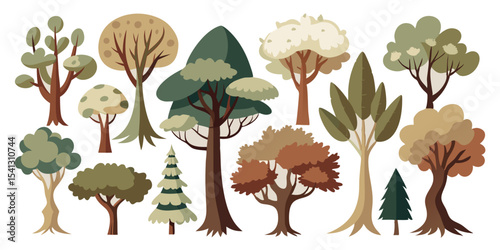 Vector art of a collection of stylized trees, isolated on transparent background, showcasing diverse shapes and autumnal colors