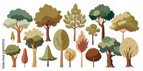 Vector art of a collection of stylized trees in autumnal hues, isolated on transparent background