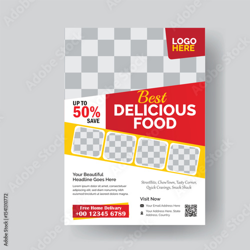 Restaurant Food Menu Flyer Template Design with Delicious Food Images and Up to 50 Discount Offer
