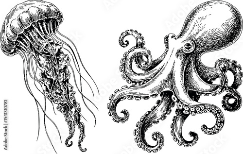 A detailed black and white sketch features a flowing jellyfish and a dynamic octopus. 