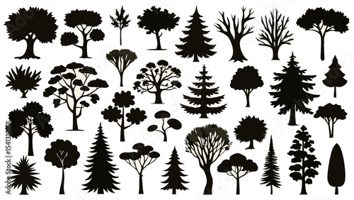 Vector art of a collection of diverse tree silhouettes, isolated on transparent background