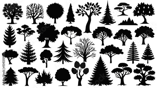 Vector art of a collection of black tree silhouettes, isolated on transparent background