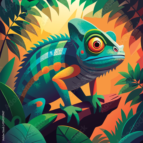 Colorful chameleon in a jungle setting.