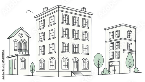 Vector art of a charming row of buildings, isolated on transparent background, features a quaint house and taller structures with leafy trees nearby