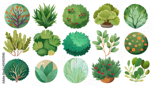 Vector art of a vibrant collection of lush green bushes and flowering plants, isolated on transparent background