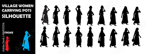Village Women Carrying Pots Silhouette Vector Set – Traditional Lifestyle, Rural Culture, and Folk Heritage