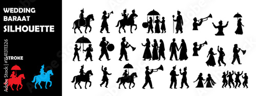 Wedding Baraat Silhouette Vector Set – Indian Marriage Procession, Celebration, and Cultural Festivities