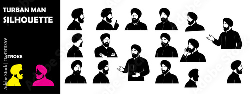 Turban Man Silhouette Vector Set – Traditional Headwear, Cultural Identity, and Ethnic Style