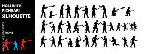 Holi with Pichkari Silhouette Vector Set – Festival of Colors, Indian Celebration, and Joyful Traditions