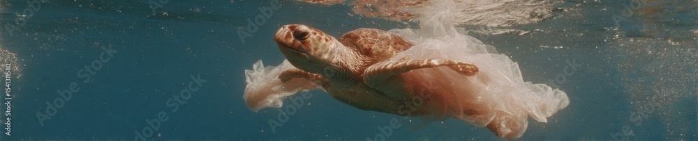 Fototapeta premium Sea Turtle Entangled in Plastic Waste Underwater Highlighting Ocean Pollution Crisis for Environmental Awareness and Conservation Campaigns