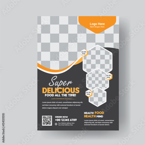 Restaurant Food Flyer Template Design with Delicious Food Images and QR Code for Online Ordering