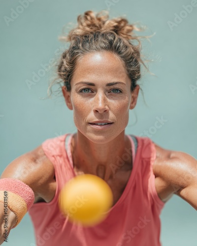 Focused woman athlete performing a precise pickleball dink shot on outdoor court in energetic modern sports branding content