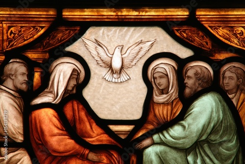 Pentecost Stained Glass Window with Disciples and Mary under Divine Dove, Bold Outlines and Intricate Patterns for Liturgical and Religious Art Publications