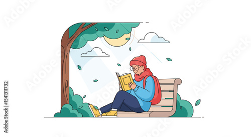 Peaceful Woman Resting on Bench Under Tree in a Park on Sunny Day