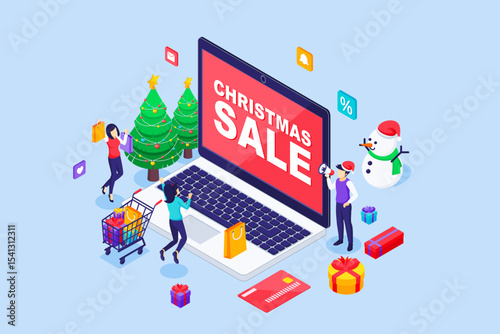 Young Women are shopping online at Christmas Sale day via a giant laptop. Christmas tree, snowman, and gift boxes. Merry Christmas and happy new year. Isometric Vector Illustration