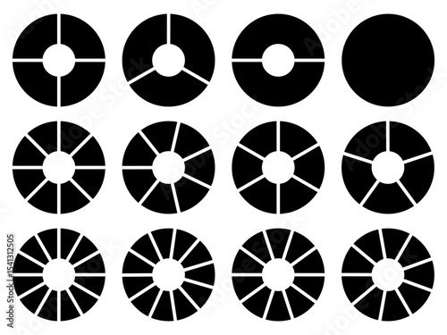 Circle division 1, 2, 3, 4, 5, 6, 7, 8, 9, 10, 11, 12 equal parts blank. Circle divided diagrams, sections, segments. Circle pie chart infographic wheel segment fraction. Infographic icons set vector.