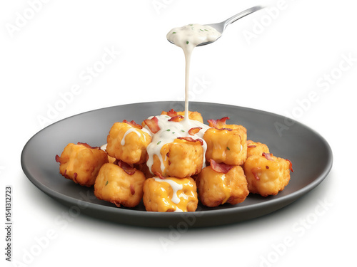 Tater Tots with Cheese and Bacon A plate of crispy tater tots topped with melted cheddar cheese and crumbled bacon.