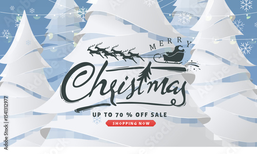 Calligraphic Merry Christmas lettering snowy landscape background .Vector illustration template.