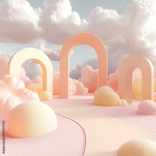 Pastel 3D Render of Whimsical Scene with Soft Shapes and Clouds