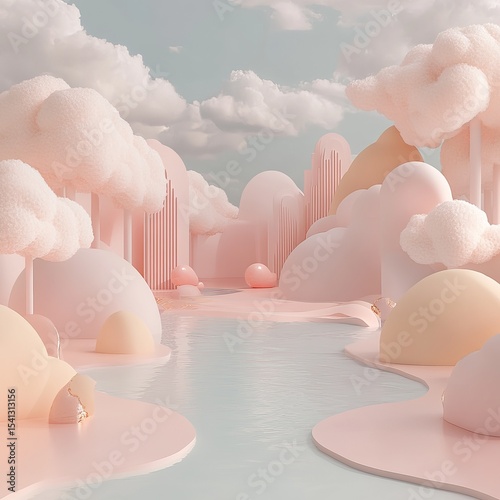 Pastel 3D Render of Whimsical Scene with Soft Shapes and Clouds