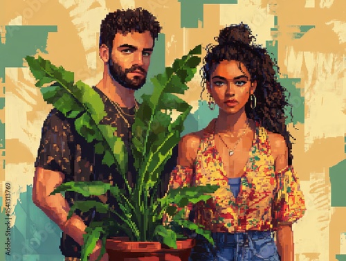 Pixel Art Portraits of a Man and Woman with a Potted Plant