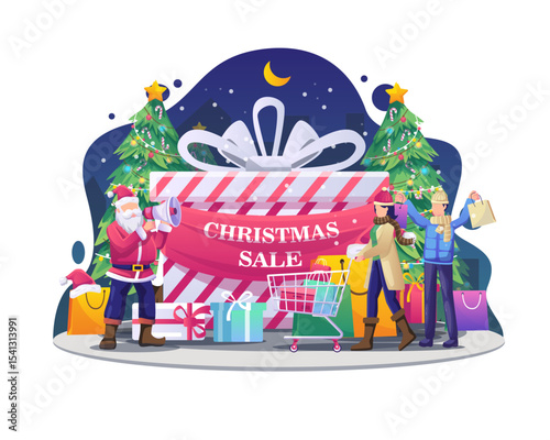 people are shopping with Santa Claus using megaphones on promotion in Christmas sale. Flat vector illustration