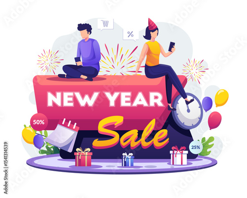 New Year Shopping and Sale concept design. A man and a woman sitting at the sale sign do shopping online through their smartphones. Flat vector illustration