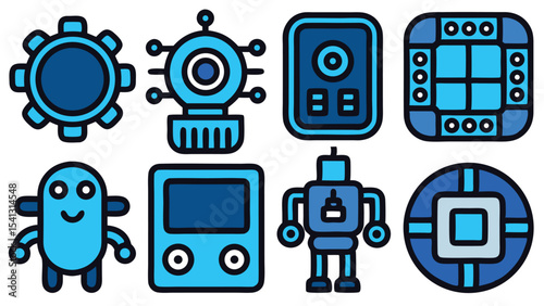Collection of eight blue cartoon robots and technology icons on a white background in a flat style