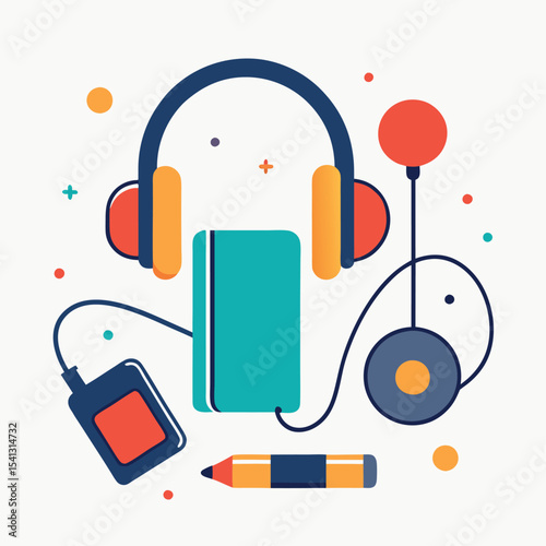 A headphone a phone and a book and a pencil