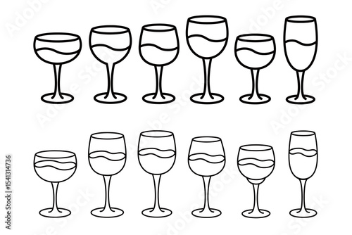 Outlined Wine and Cocktail Glass Icon Set. Minimal Drinkware Vector Collection