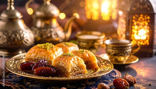A beautifully shot baklava and dates with golden reflections, placed on an ornate serving dish, alongside a small cup of Turkish coffee, blurred lantern lights and intricate patterns background