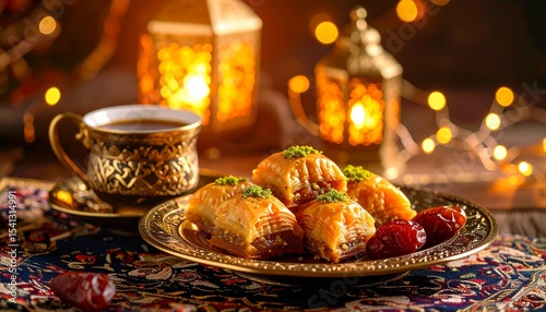 A beautifully shot baklava and dates with golden reflections, placed on an ornate serving dish, alongside a small cup of Turkish coffee, blurred lantern lights and intricate patterns background
