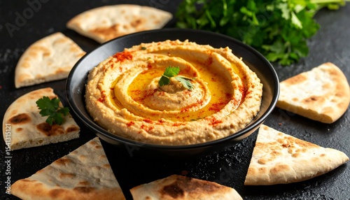 Close-up of a bowl of creamy hummus topped with olive oil and paprika, surrounded by warm pita slices, shot on a dark stone counter