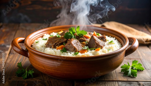 Mansaf with lamb, rice, and yogurt sauce, steaming gently in a clay pot, overhead shot, perfect for branding or traditional presentation
