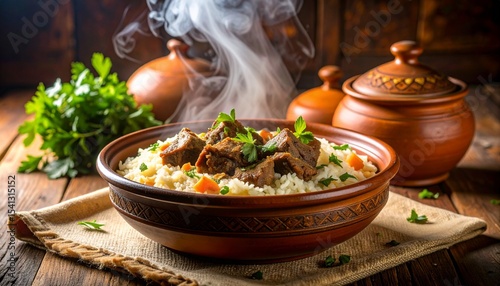 Mansaf with lamb, rice, and yogurt sauce, steaming gently in a clay pot, overhead shot, perfect for branding or traditional presentation