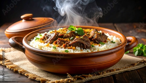 Mansaf with lamb, rice, and yogurt sauce, steaming gently in a clay pot, overhead shot, perfect for branding or traditional presentation