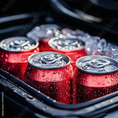 Cold red soda cans, covered in condensation, are neatly arranged in a black cooler filled with ice.