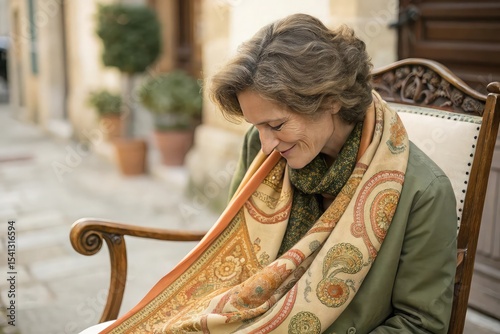 Mature woman in a beautiful paisley shawl