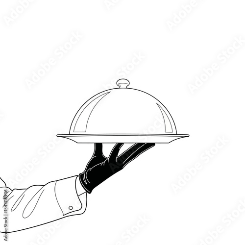 A gloved hand holds a silver tray with a domed lid and rising steam isolated on white background
