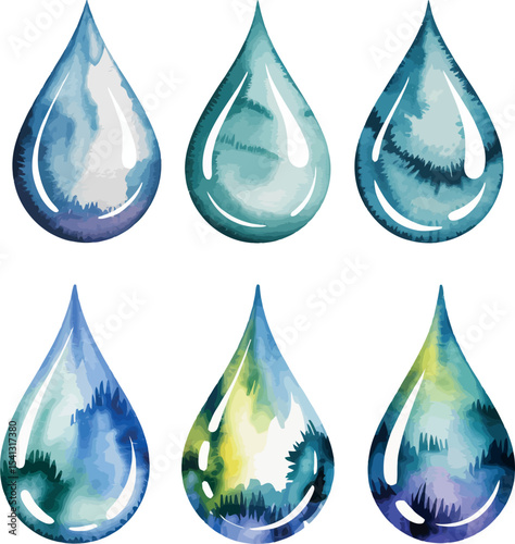 Six colorful watercolor water droplets are displayed, each with unique internal patterns and blends of blue, green, and purple.