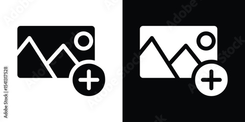 Add photos icon in flat black solid vector set