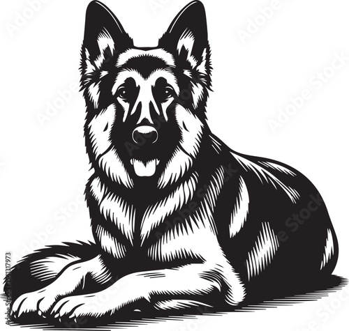 German Shepherd Dog Silhouette Vector | Black and White  Illustration