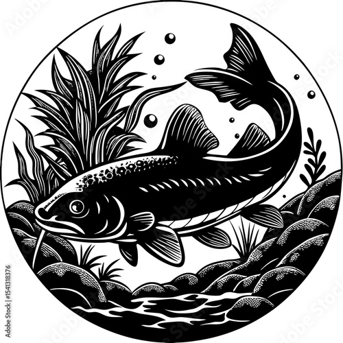 Black and white fish illustration in circular frame