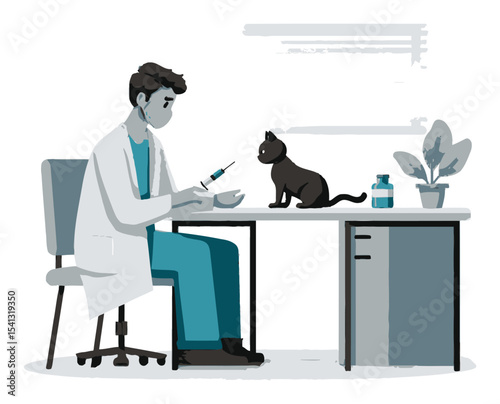 Friendly Veterinarian Administering Injection to a Cat in Clinic
