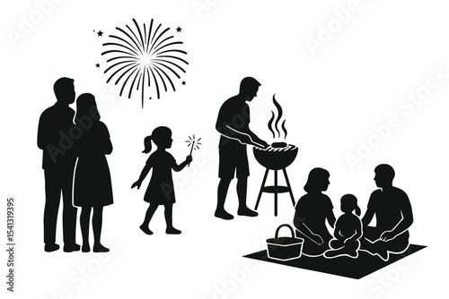 4th of July Family Celebration Silhouette Set | Minimalist Outdoors Icons – Fireworks, Picnic, Barbecue & More
