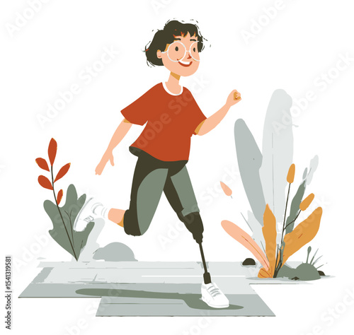 Young Girl with Prosthetic Leg Running in a Cartoon Style Illustration