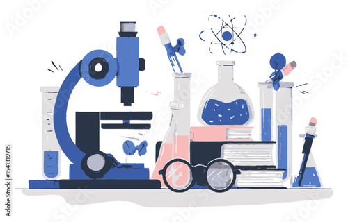 Colorful Cartoon Vector Science Laboratory with Microscope and Beakers