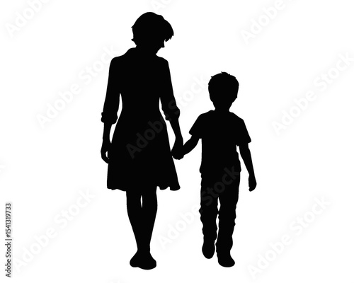 Family silhouette, a mother and her son walking hand in hand, isolated icon on white background
