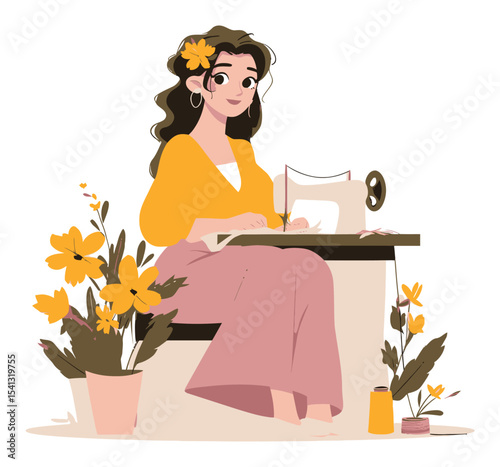 Cheerful Woman Sewing Surrounded by Flowers and Creative Elements